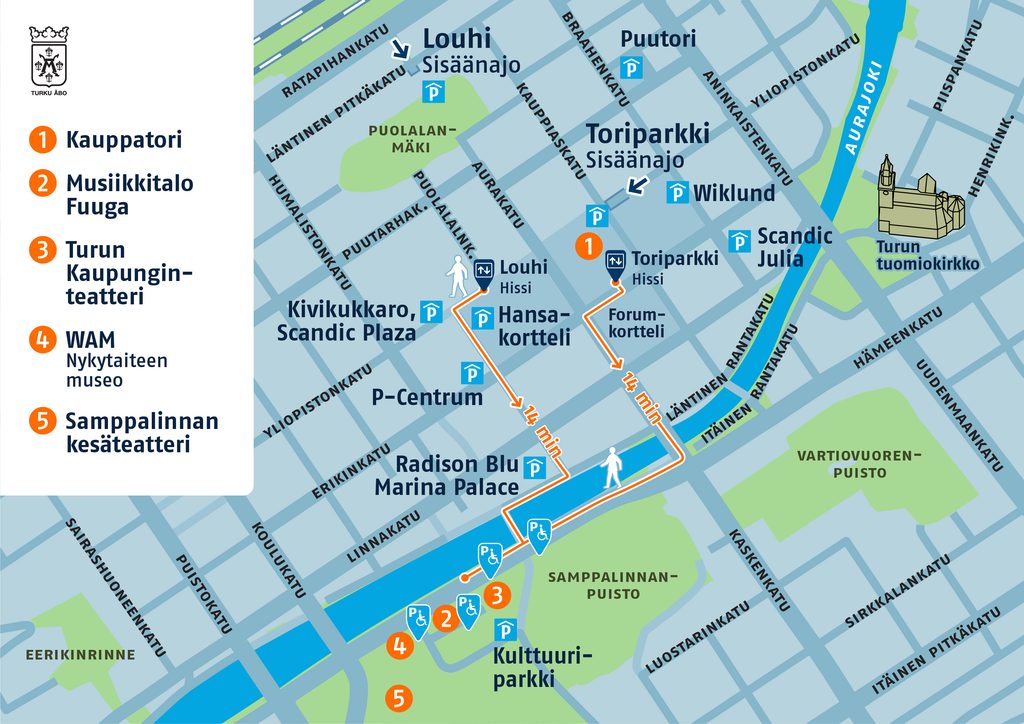 Pysäköintikartta, jossa näytetään WAMin sijainti, sekä pysäköintimahdollisuudet ja kulkureitit museolle.